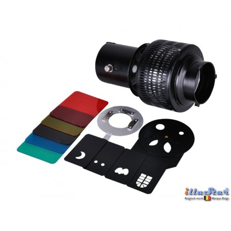 OS-A135 - Focusserende Optische Spot geleverd met 5 metalen gobo's & 5 kleurenfilters OS-A135 - Focusserende Optische Spot geleverd met 5 metalen gobo's & 5 kleurenfilters