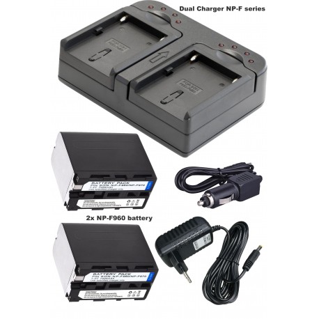 BATK2F960 - 2x NP-F960 Li-ion batterijen 7200mAh + Dubbele batterijlader met auto adapter 12V en voedingsadapter 220V