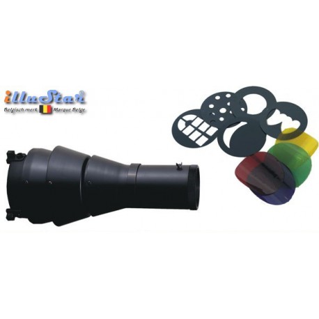 FS-5M4G - Focusserende spot geleverd met 5 metalen gobo's & 4 kleurenfilters (Bowens-S koppeling) FS-5M4G - Focusserende spot geleverd met 5 metalen gobo's & 4 kleurenfilters (Bowens-S koppeling)