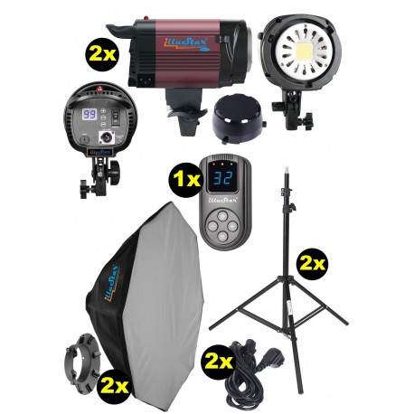 LED studio verlichting set - 2x LEDB-1000 100W Led studiolamp, Digitaal, 2x statief 195cm, 2x Softbox octogonaal ø80cm, 1xWR-L99