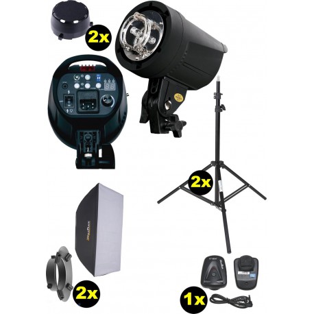 Flitsset - 2x FS-300DR 300 Ws Digitaal display, 2x statief 195cm, 2x Softbox 50x70cm, 1x RT-604T - illuStar