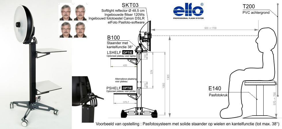 SKT03-ID-B100 - Pasfoto systeem met solide staander op wielen en kantelfunctie, Beauty dish met ingebouwde flitser 120 Ws en fototoestel Canon DSLR, B100 staander, pasfoto-software